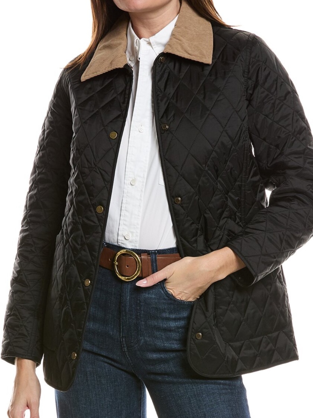 Hunter barn jacketBlack Quilted Puffer Jacket with Tan Corduroy Collar -new! XS
